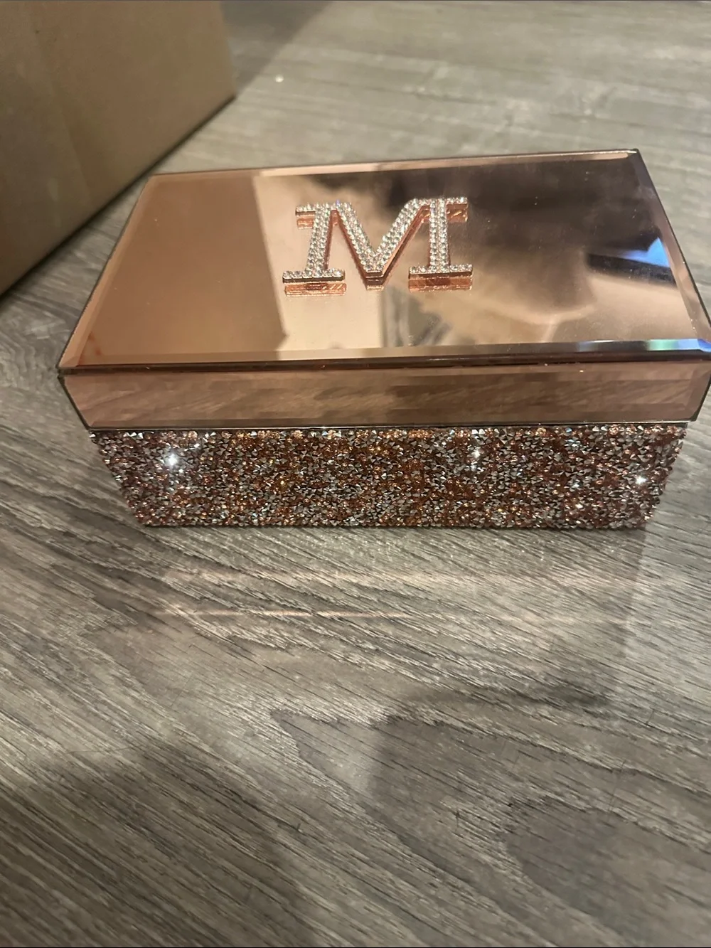 Sparkling Rose Gold Jewelry Box with Crystal 'M'